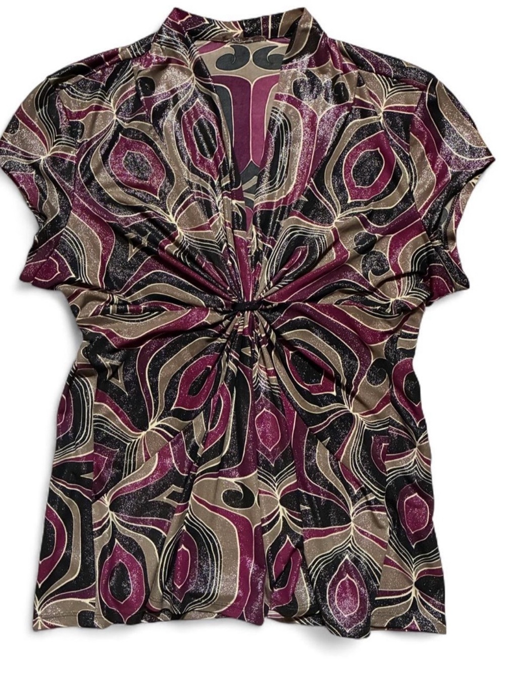 Twist-Front Short Sleeve Blouse in Plum Multi